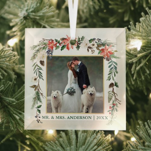 Watercolor Winter Floral Green Gold Wedding Photo Glass Ornament