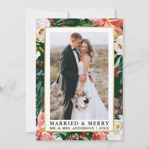 Watercolor Winter Floral Green Married and Merry Holiday Card