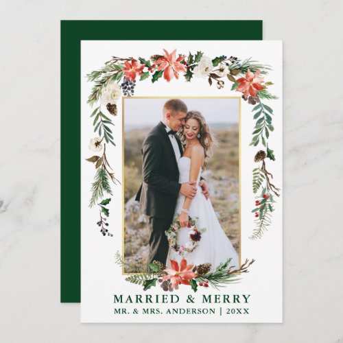 Watercolor Winter Floral Green Married and Merry Holiday Card