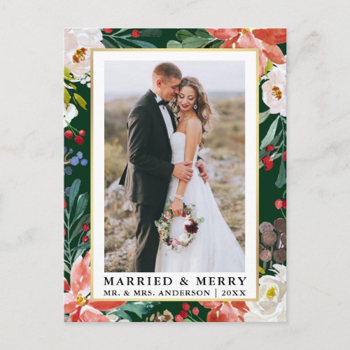 Watercolor Winter Floral Green Married and Merry Postcard