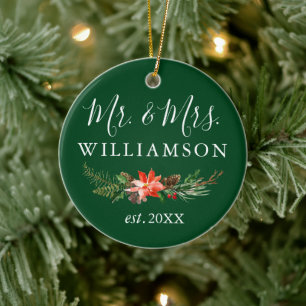 Watercolor Winter Floral Green PHOTO BACK Ceramic Ornament