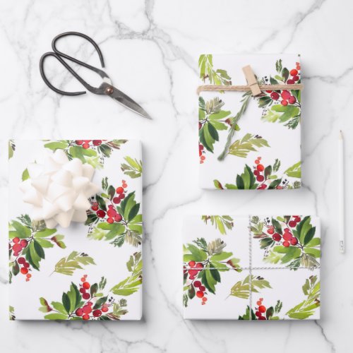 Watercolor Winter Floral Holly Berry Christmas Wrapping Paper Sheets