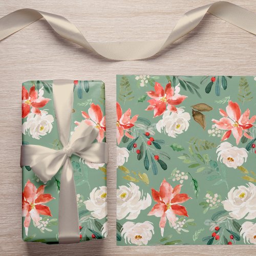 Watercolor Winter Floral Holly Berry Pattern green Wrapping Paper