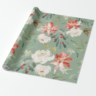Watercolor Winter Floral Holly Berry Pattern Green Wrapping Paper