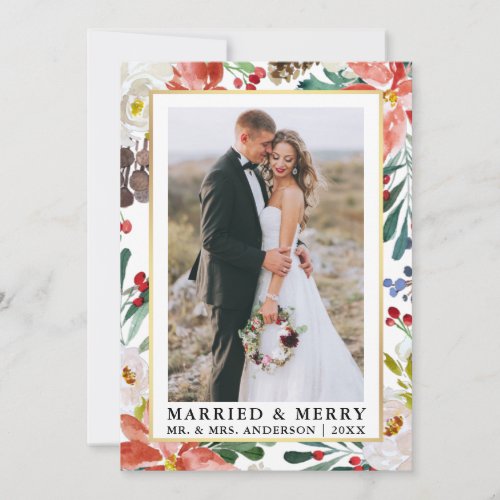 Watercolor Winter Floral Married and Merry Holiday Card