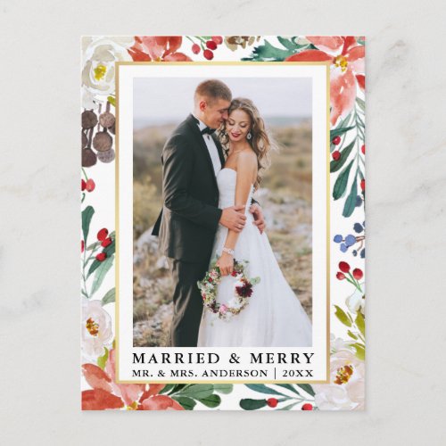 Watercolor Winter Floral Married and Merry Postcard