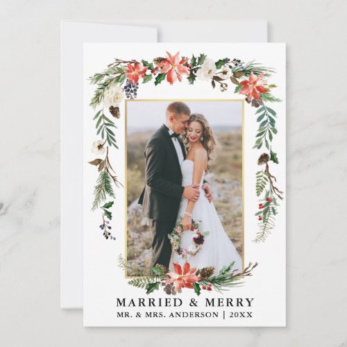 Watercolor Winter Floral Married Merry Gold Frame Holiday Card