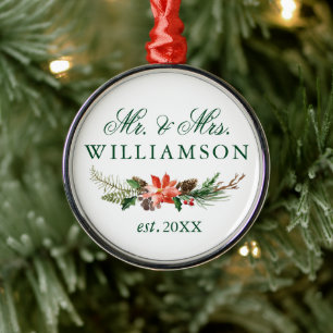 Watercolor Winter Floral Mr. and Mrs. Metal Ornament