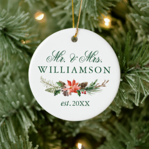 Watercolor Winter Floral Mr. and Mrs. PHOTO BACK Ceramic Ornament
