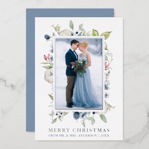 Watercolor Winter Floral Newlywed Blue Silver Foil Holiday Card