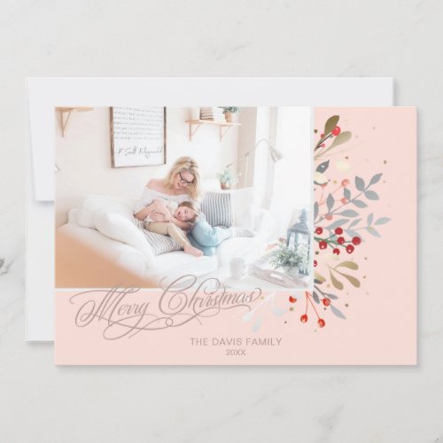 Watercolor Winter Floral on Blush Pink Photo Holiday Card