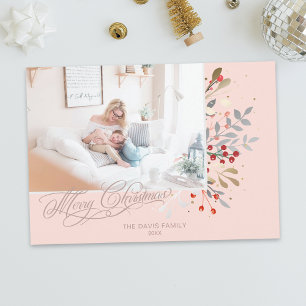 Watercolor Winter Floral on Blush Pink Photo Holiday Card