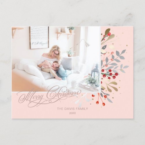 Watercolor Winter Floral on Blush Pink Photo Holiday Postcard