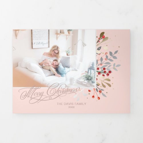 Watercolor Winter Floral on Blush Pink Photo Tri_Fold Holiday Card