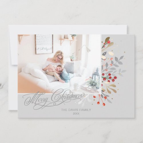 Watercolor Winter Floral on Pastel Gray Photo Holiday Card