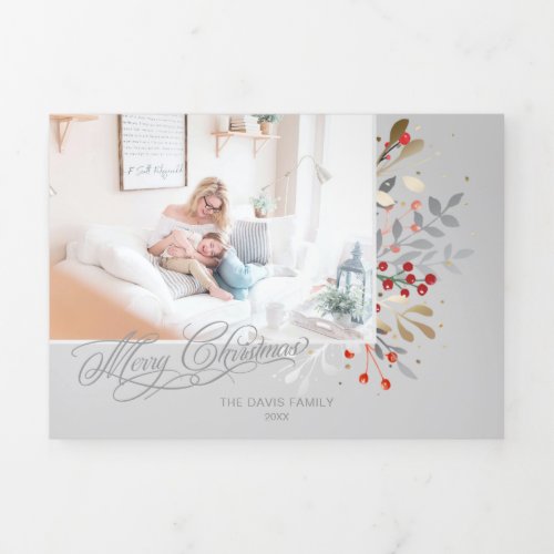 Watercolor Winter Floral on Pastel Gray Photo Tri_Fold Holiday Card