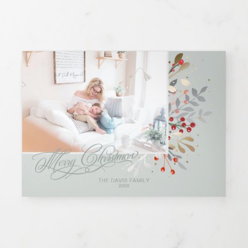 Watercolor Winter Floral on Pastel Green Photo Tri_Fold Holiday Card