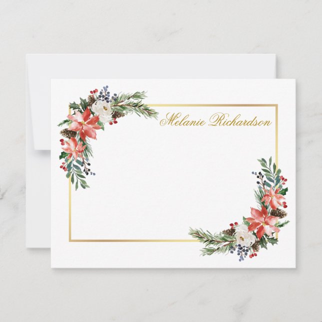 Watercolor Winter Floral Personalized Gold Note Card (Front)