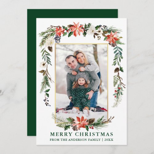 Watercolor Winter Floral Photo Gold Frame Green Holiday Card