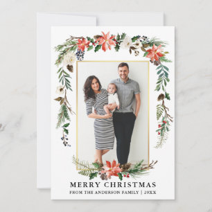 Watercolor Winter Floral Photo Gold Frame Holiday Card