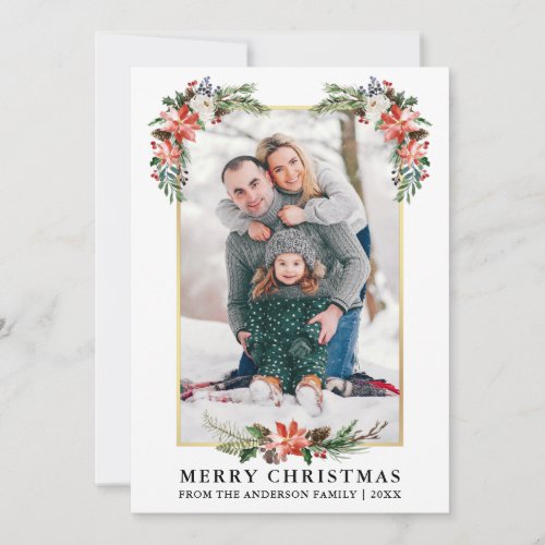 Watercolor Winter Floral Photo Gold Frame Holiday Card