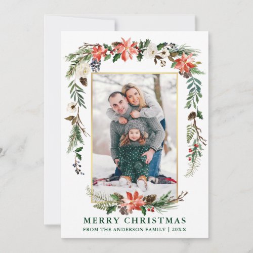 Watercolor Winter Floral Photo Gold Green Holiday Card