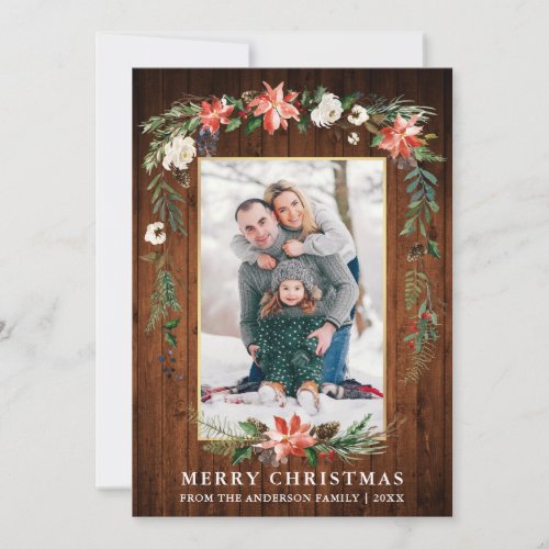 Watercolor Winter Floral Photo Wood Gold Holiday Card