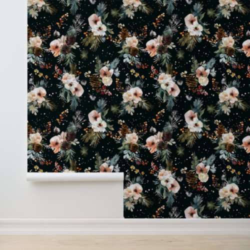 Watercolor Winter Floral Pine Christmas  Wallpaper