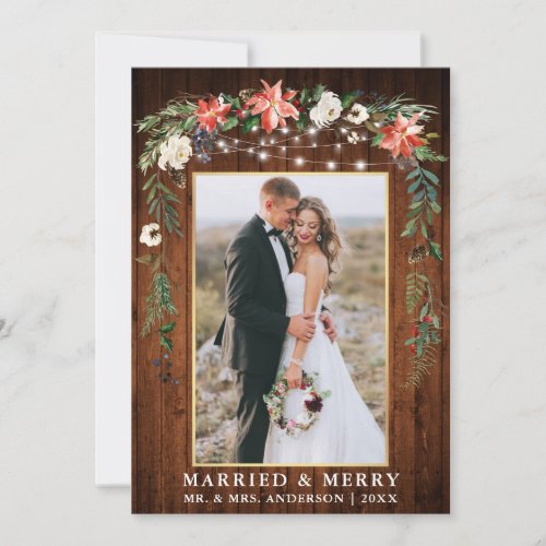 Watercolor Winter Floral Wood Gold Married Merry Holiday Card