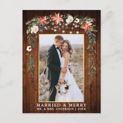 Watercolor Winter Floral Wood Gold Married Merry Postcard