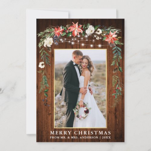 Watercolor Winter Floral Wood Gold Newlywed Holiday Card