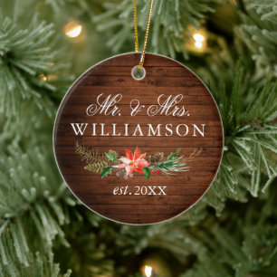 Watercolor Winter Floral Wood PHOTO BACK Ceramic Ornament