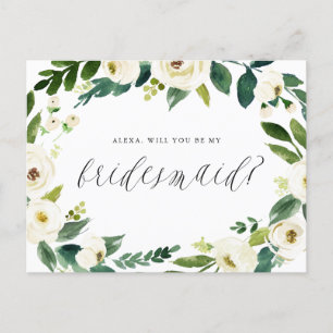Watercolor Winter Floral Wreath Be My Bridesmaid Announcement Postcard
