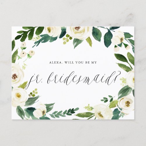 Watercolor Winter Floral Wreath Junior Bridesmaid Announcement Postcard