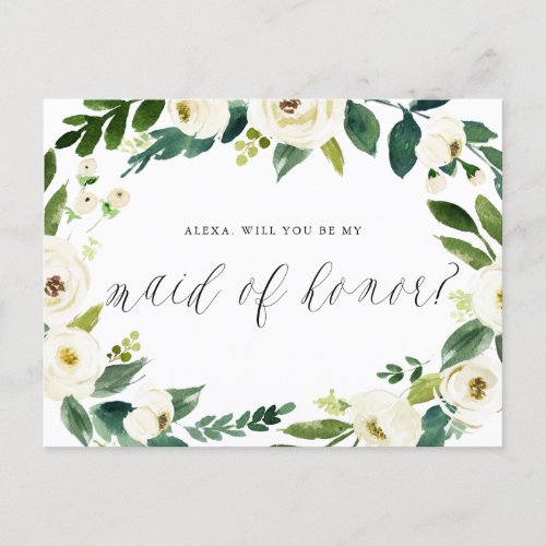 Watercolor Winter Floral Wreath Maid of Honor Announcement Postcard