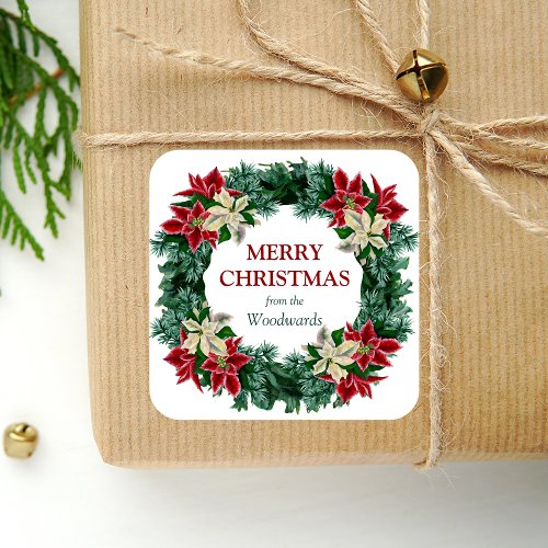 Watercolor Winter Floral Wreath Merry Christmas Square Sticker