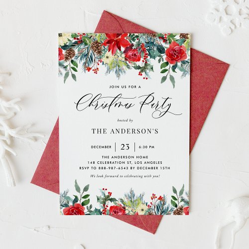 Watercolor Winter Flowers Christmas Party Invitation