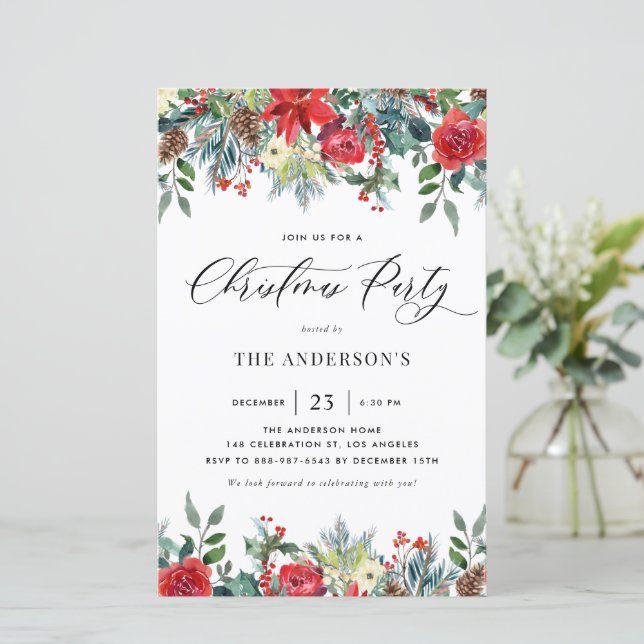 Watercolor Winter Flowers Christmas Party Invite (Standing Front)