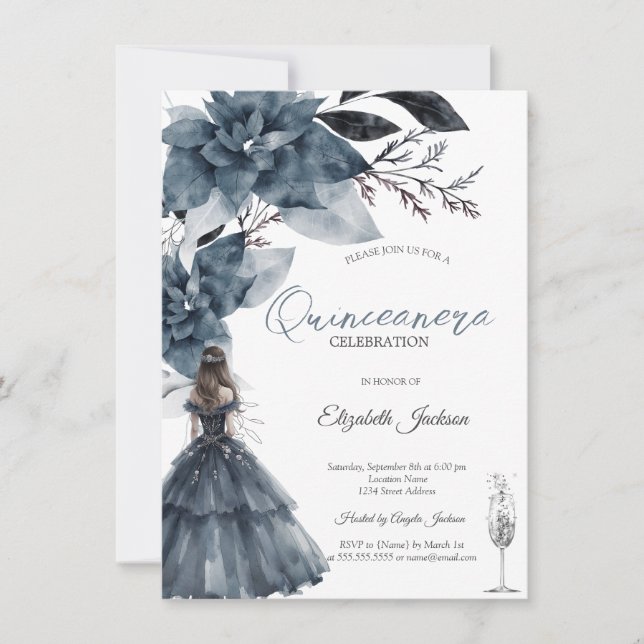 Watercolor Winter Flowers Glass Girl Quinceanera Invitation (Front)