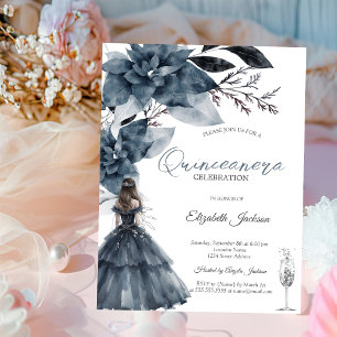 Watercolor Winter Flowers Glass Girl Quinceanera Invitation
