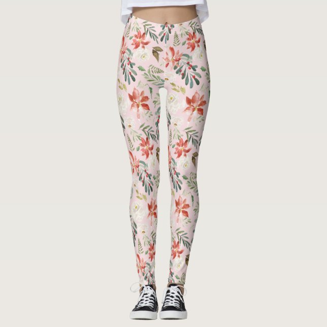 Watercolor Winter Flowers Holly Berries Patterned Leggings (Front)