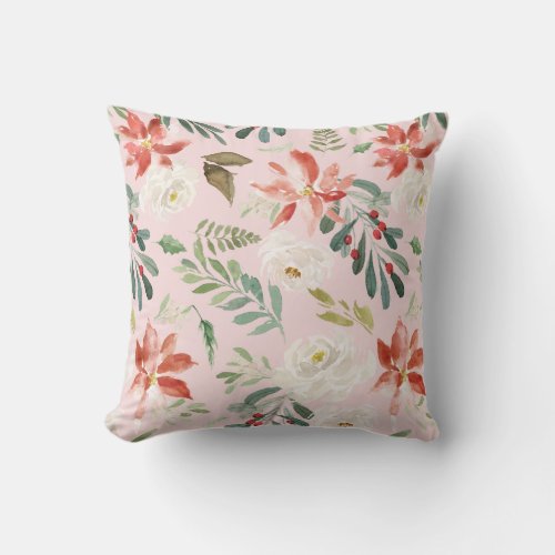 Watercolor Winter Flowers Holly Berries Patterned Throw Pillow