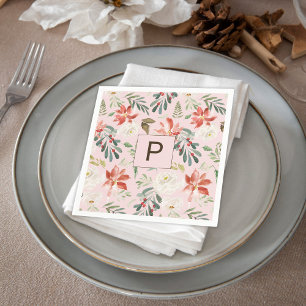 Watercolor Winter Flowers Holly Berry Monogrammed Napkins