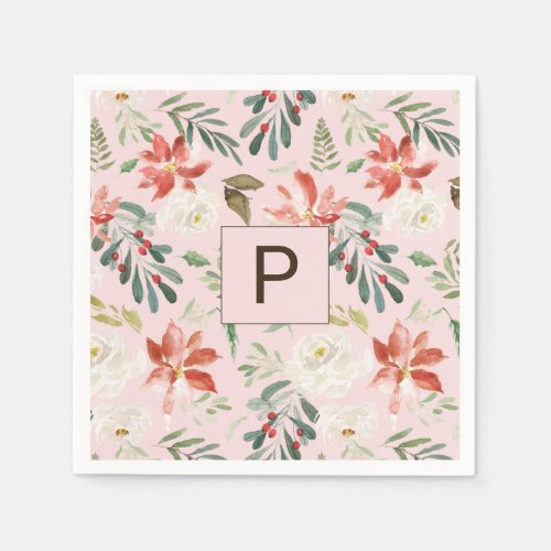 Watercolor Winter Flowers Holly Berry Monogrammed Napkins