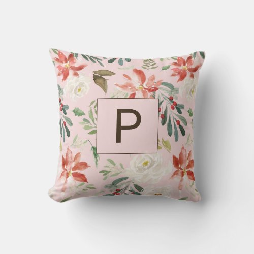Watercolor Winter Flowers Holly Berry Monogrammed Throw Pillow