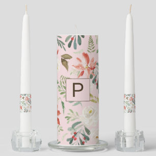 Watercolor Winter Flowers Holly Berry Monogrammed Unity Candle Set