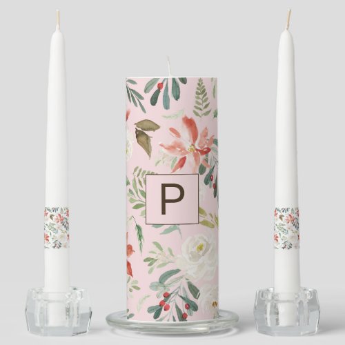 Watercolor Winter Flowers Holly Berry Monogrammed Unity Candle Set