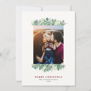 Watercolor Winter Foliage Christmas Family Letter Holiday Card