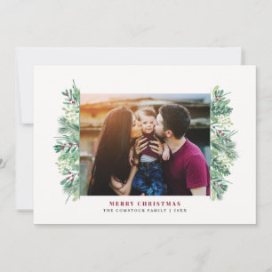 Watercolor Winter Foliage Christmas Family Letter Holiday Card