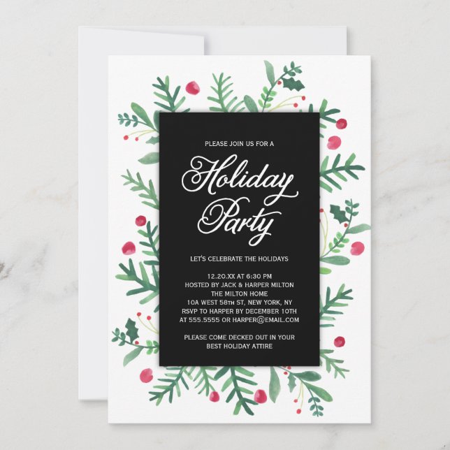 Watercolor Winter Foliage Holiday Party Invitation (Front)